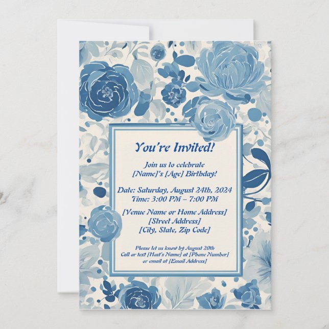 Blue Flowers Birthday Invitation  (Front)