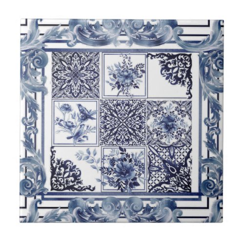 Blue flowersblue chinaporcelainbirds  ceramic tile