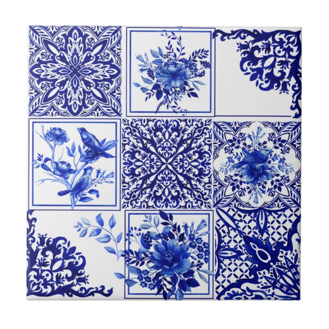 Blue flowers,blue china,porcelain,birds     ceramic tile (Front)