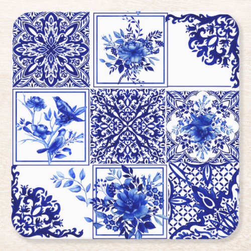 Blue flowersblue chinaporcelainbirds   square paper coaster