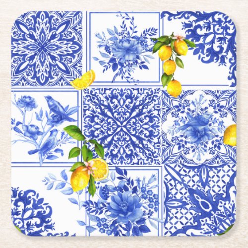 Blue flowersblue chinaporcelainbirds square paper coaster