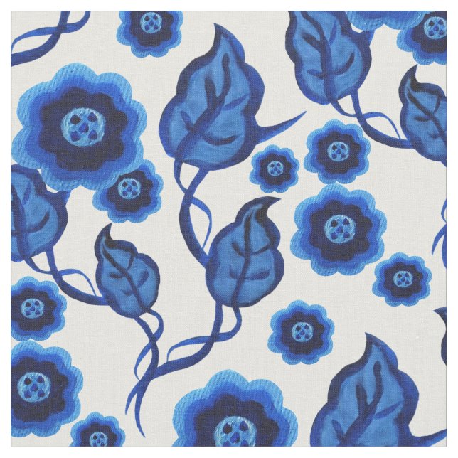 Blue flowers, blue leaves, Folk art floral 2 Fabric (Close Up)