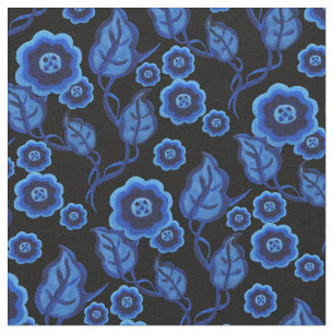 Blue flowers/blue leaves/Folk art floral/black Fabric