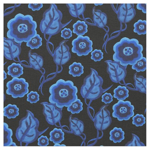 Blue flowers/blue leaves/Folk art floral/black Fabric