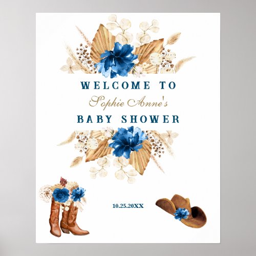 Blue Flowers Boots Baby Shower Welcome Sign