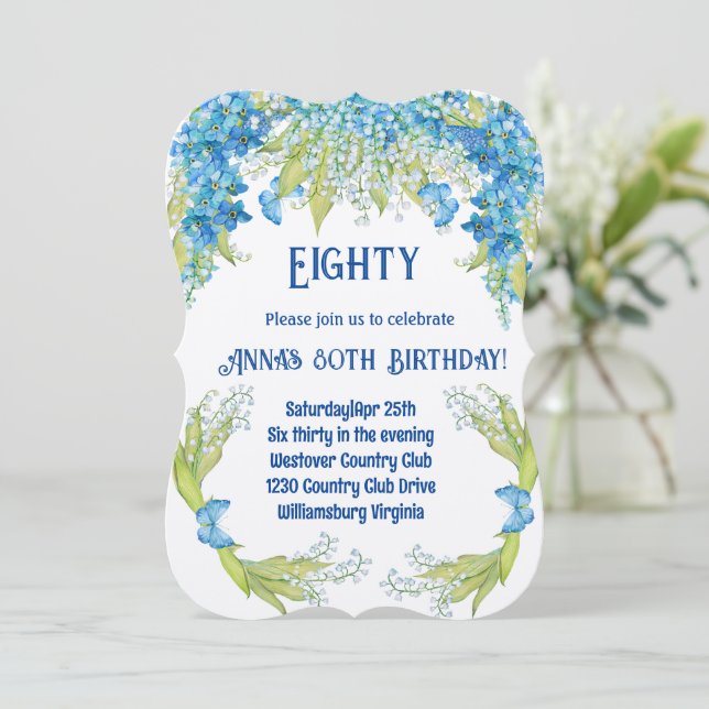  Blue flowers Botanical 80th Birthday Invitation (Standing Front)