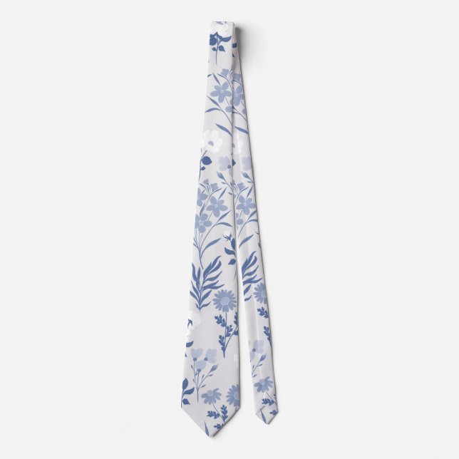 Blue Flowers Botanical Painting Neck Tie (Front)
