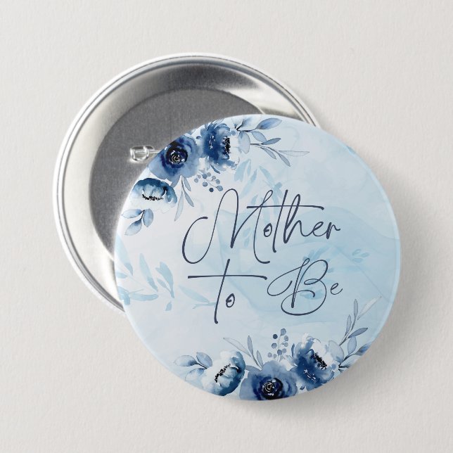 Blue Flowers Boy Baby Shower Mother To Be Button (Front & Back)