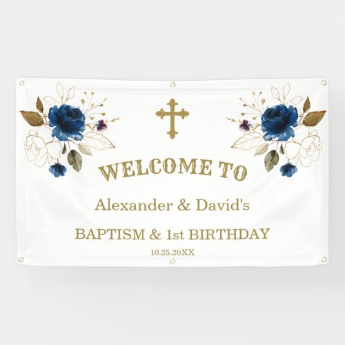 Blue Flowers Boys Twins 1st Birthday Welcome Sign