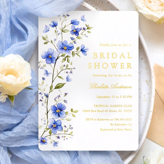 Blue Flowers Bridal Shower Gold Foil Invitation (Creator Uploaded)