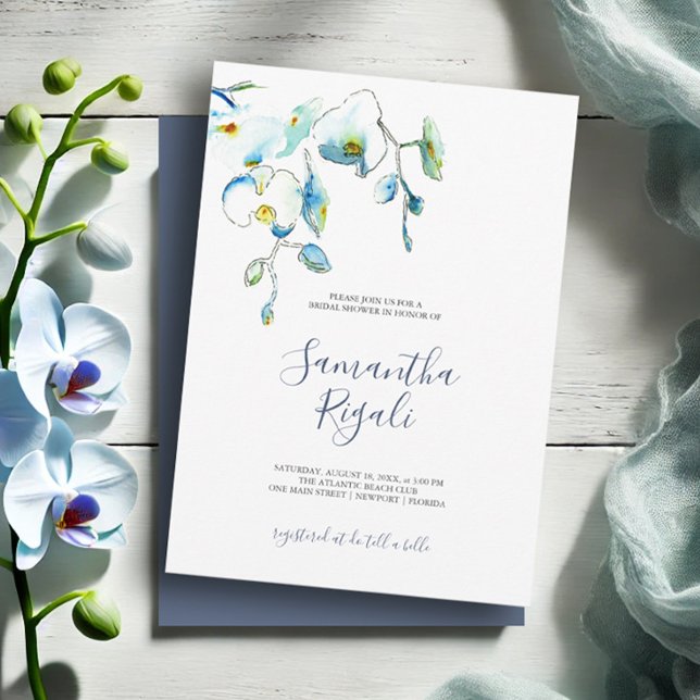 Blue Flowers Bridal Shower Invitations (Bridal shower invitations watercolor blue orchid flowers by Victoria Grigaliunas Do Tell A Belle)