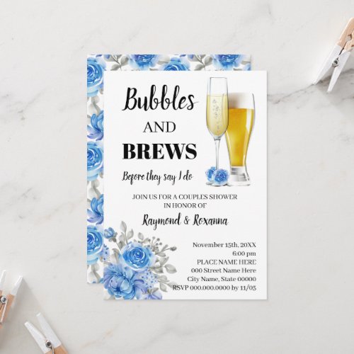 Blue Flowers Bubble  Brews Couples Shower Invitation