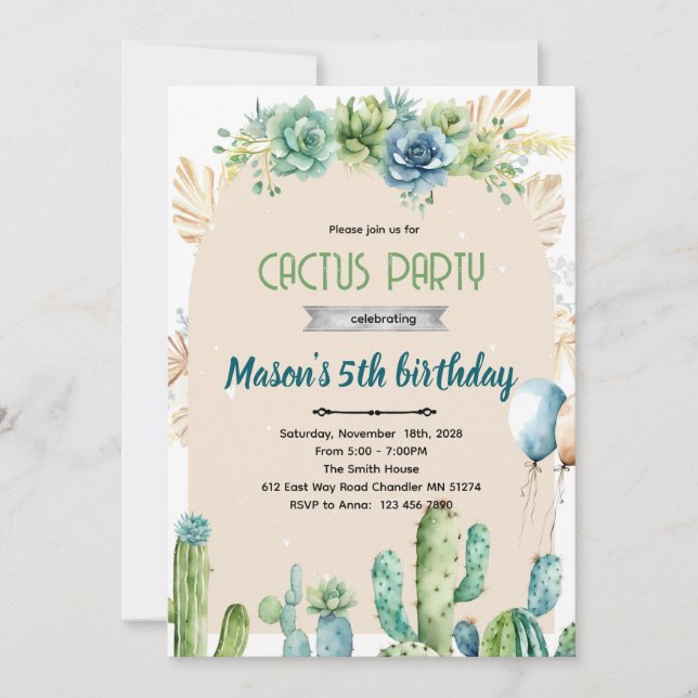 Blue flowers cactus desert invitation (Front)
