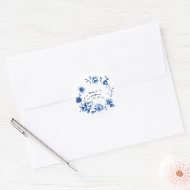 Blue flowers Chinoiserie boy floral Baptism  Classic Round Sticker (Envelope)