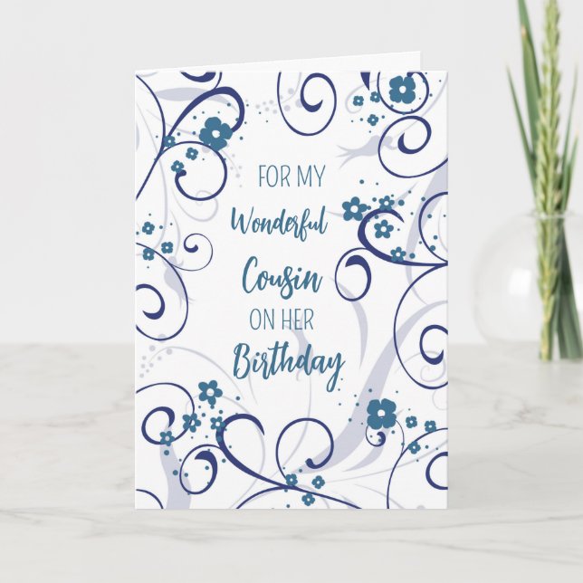 Blue Flowers Cousin Birthday Card (Front)