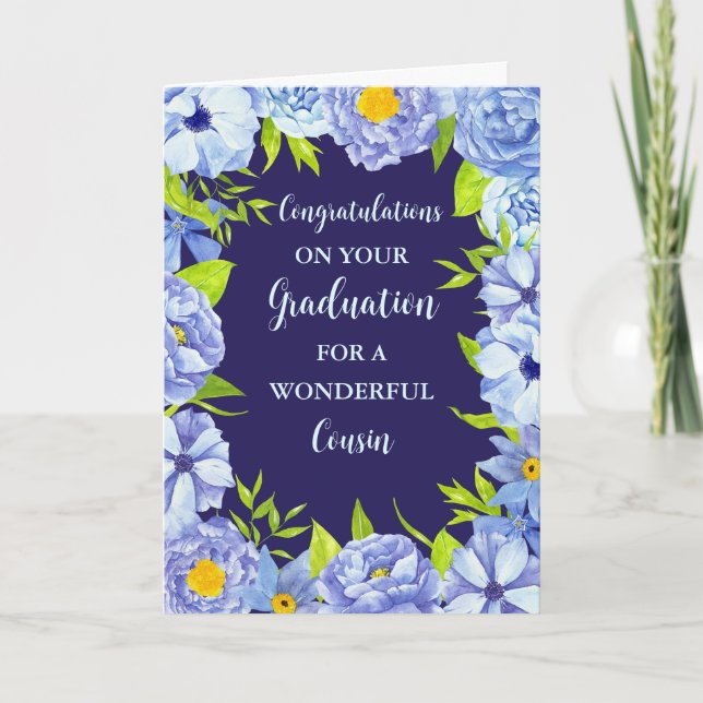 Blue Flowers Cousin Congratulations Graduation Card (Front)