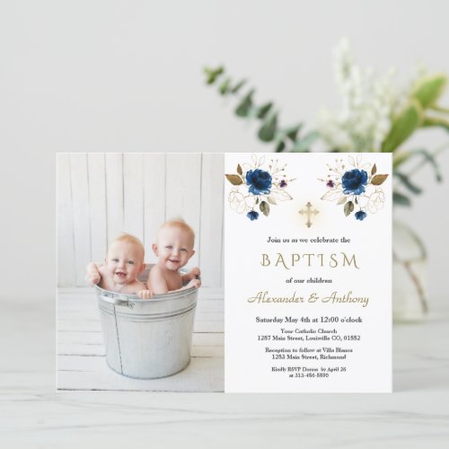 Blue Flowers Cross Boys Twins Photo Baptism   Invitation