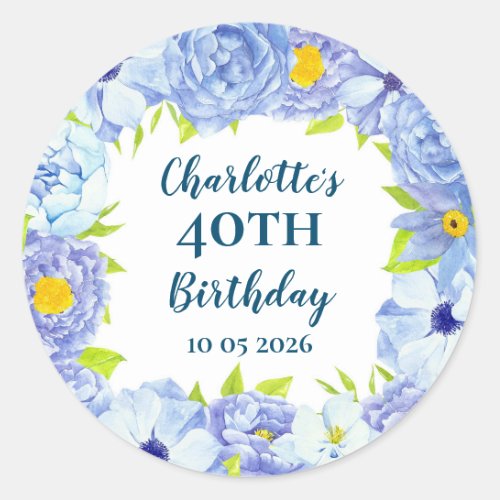 Blue Flowers Custom Birthday Favor Tag