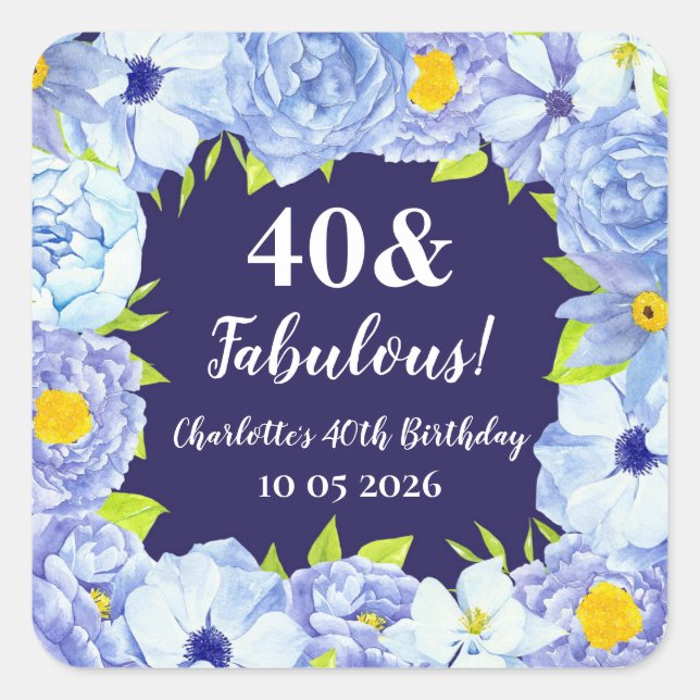 Blue Flowers Custom Birthday Favor Tag (Front)