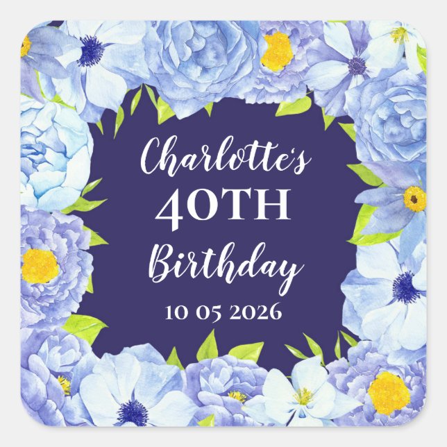 Blue Flowers Custom Birthday Favor Tag (Front)