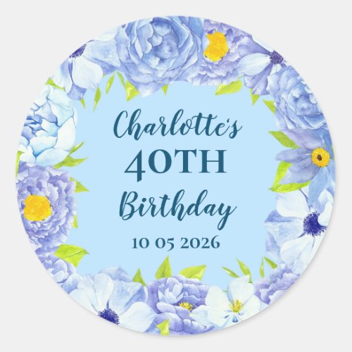 Blue Flowers Custom Birthday Favor Tag