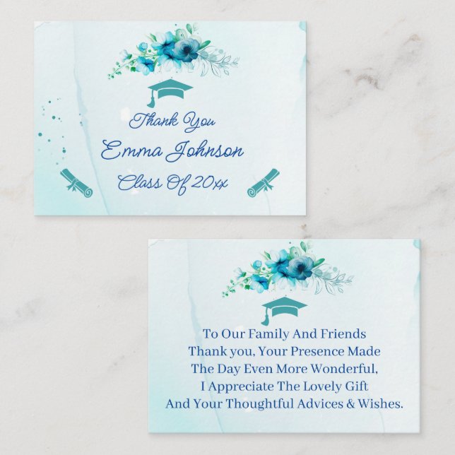 Blue Flowers Customized Graduation Thank You Note Card (Front/Back)