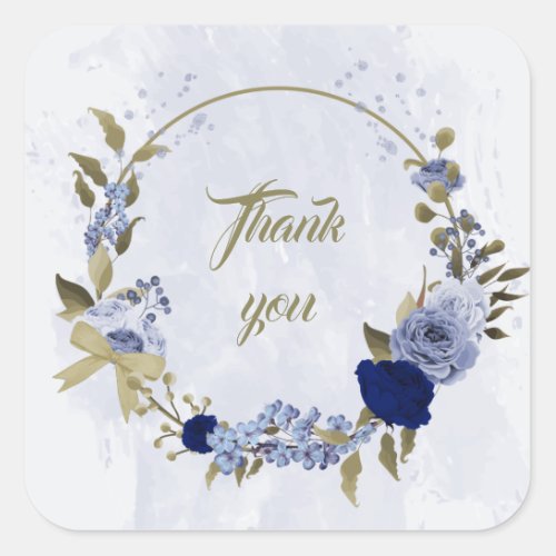 blue flowers cute bow floral wreath thank you square sticker