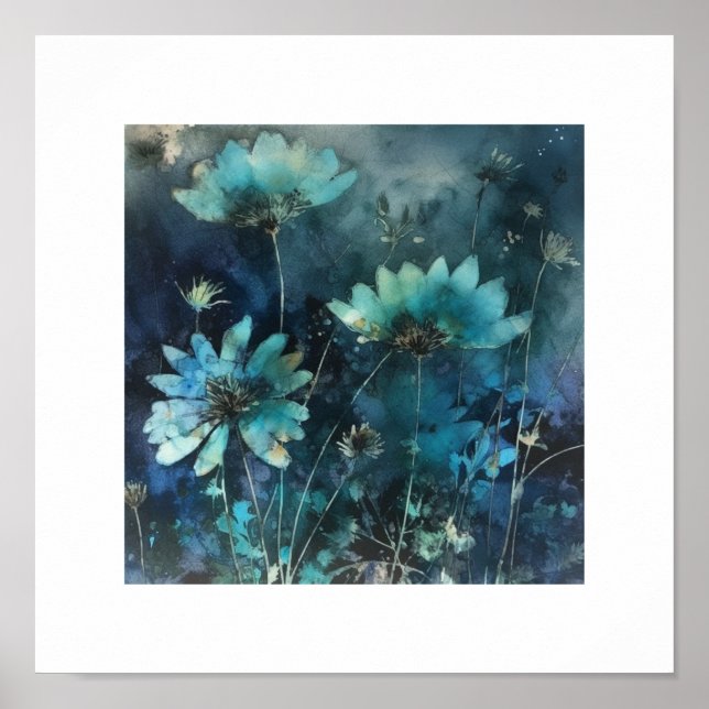 Blue Flowers Cyanotype Mixed Media Poster (Front)