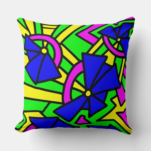 Blue Flowers Doodle Art Throw Pillow (Front)