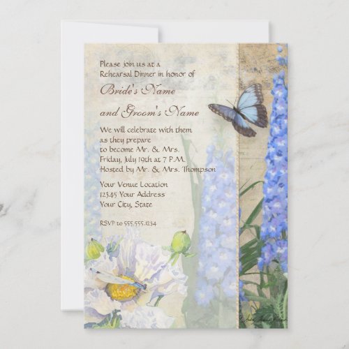 Blue Flowers Dragonfly Butterfly Rehearsal Dinner Invitation