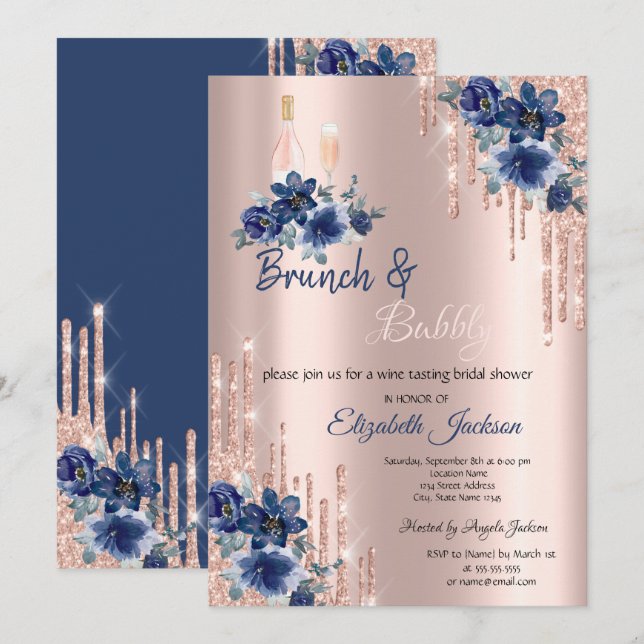Blue Flowers Drips Brunch & Bubbly Bridal Shower  Invitation (Front/Back)