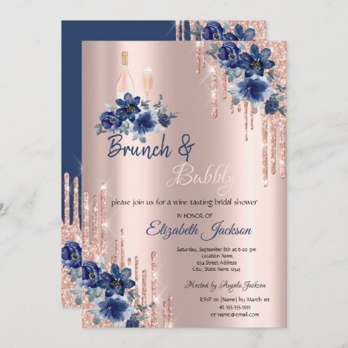 Blue Flowers Drips Brunch  Bubbly Bridal Shower  Invitation