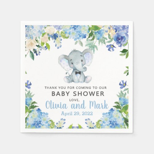 Blue flowers elephant  bow tie baby shower napkin