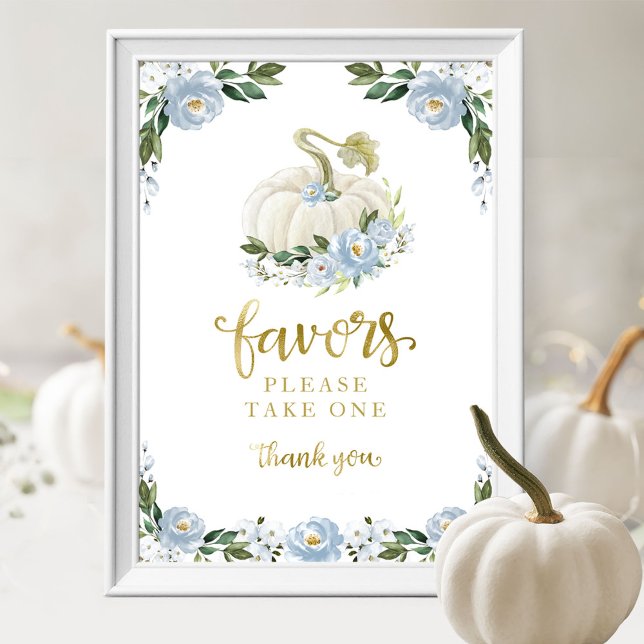Blue Flowers Fall Pumpkin Baby Shower Favors Sign (Creator Uploaded)