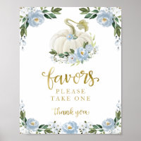 Blue Flowers Fall Pumpkin Baby Shower Favors Sign