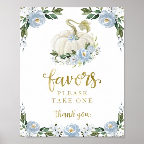 Blue Flowers Fall Pumpkin Baby Shower Favors Sign