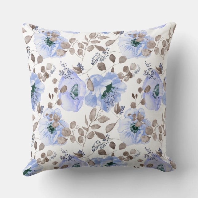 Blue Flowers Farmhouse Decor Throw Pillow (Back)