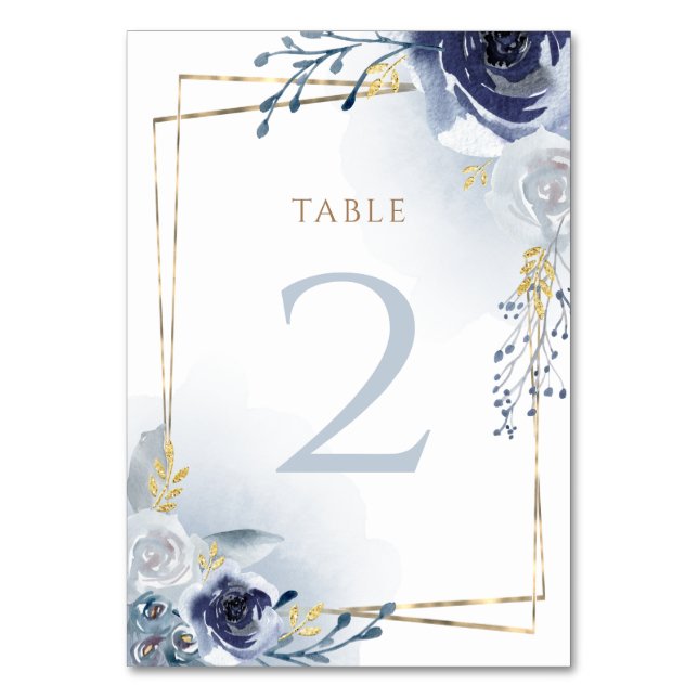 blue flowers faux gold foil Baptism  Table Number (Front)