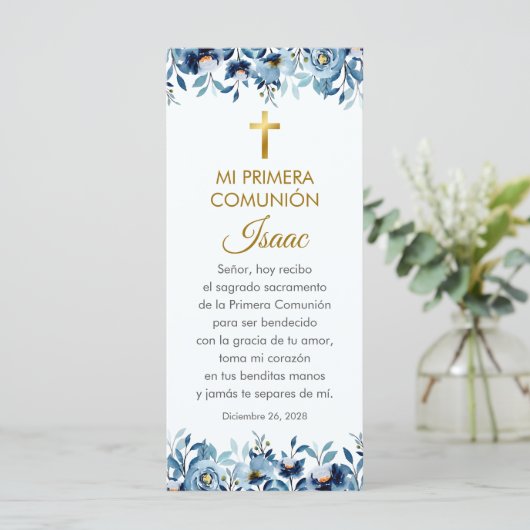 Blue Flowers First Communion Bookmark in Spanish (Standing Front)