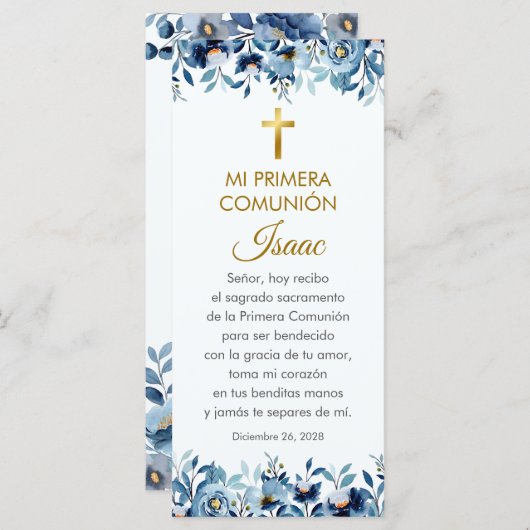Blue Flowers First Communion Bookmark in Spanish (Front/Back)