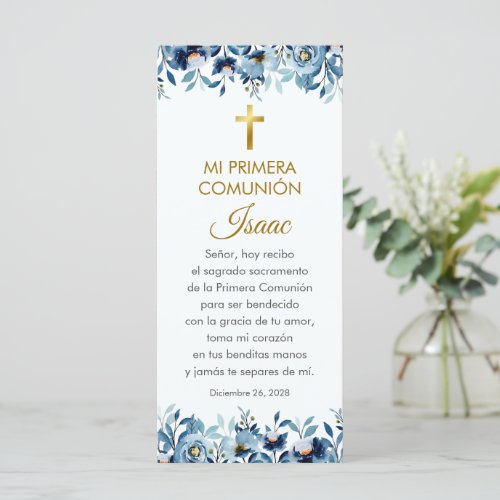 Blue Flowers First Communion Bookmark in Spanish