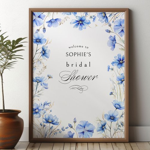 Blue Flowers Floral Frame Bridal Shower Welcome Poster