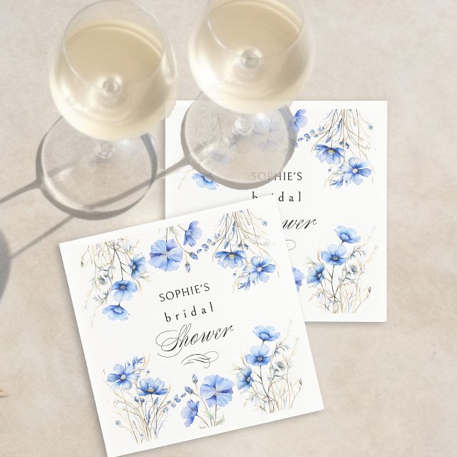 Blue Flowers Floral Frame Wedding Shower Napkins (Blue Flower and Calligraphy napkins from my Something Blue Floral Bridal Shower Collection)