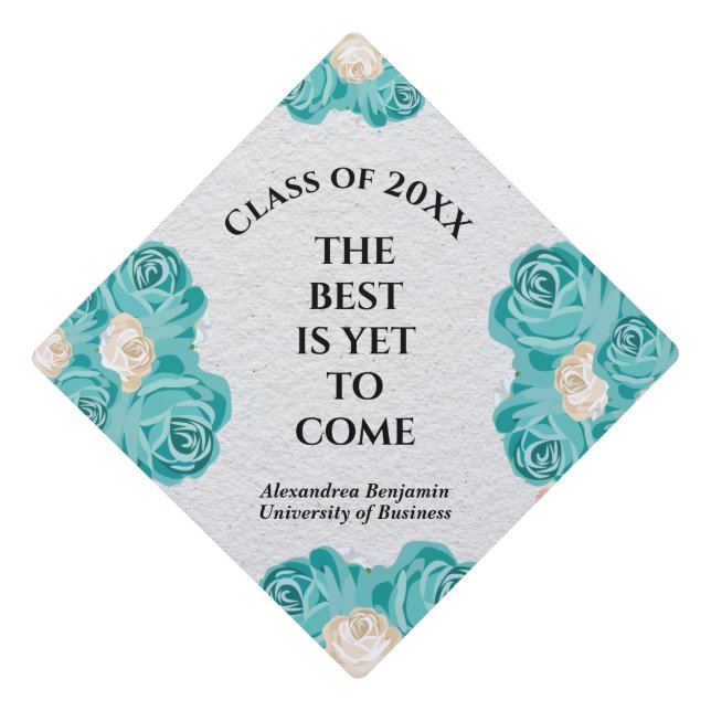 Blue Flowers Floral Inspired Graduate Custom Graduation Cap Topper (Front)