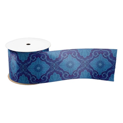 Blue flowers floral motif bohemian pattern Satin Ribbon