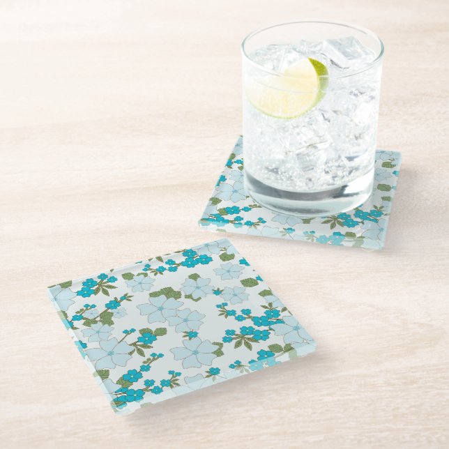 Blue Flowers, Floral Pattern, Pattern Of Flowers Glass Coaster (Angled)