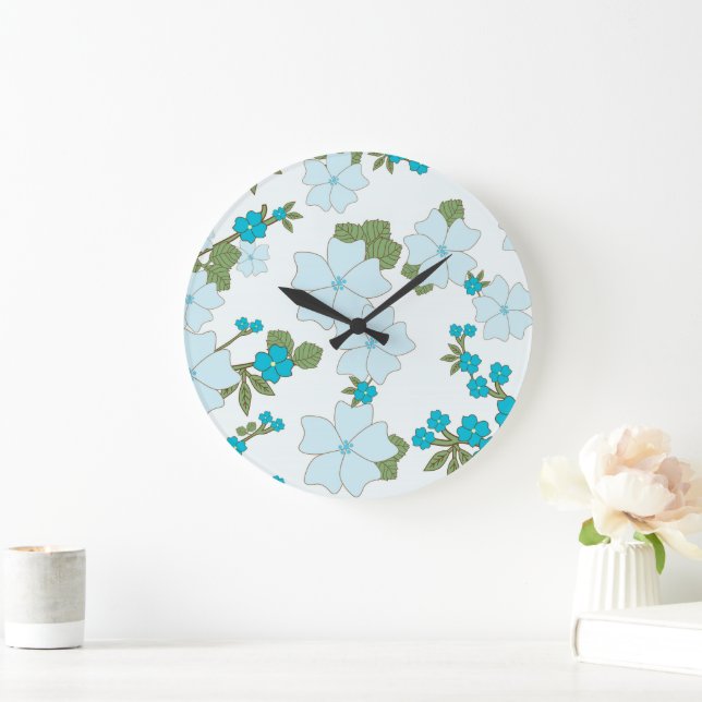 Blue Flowers, Floral Pattern, Pattern Of Flowers Large Clock (Home)