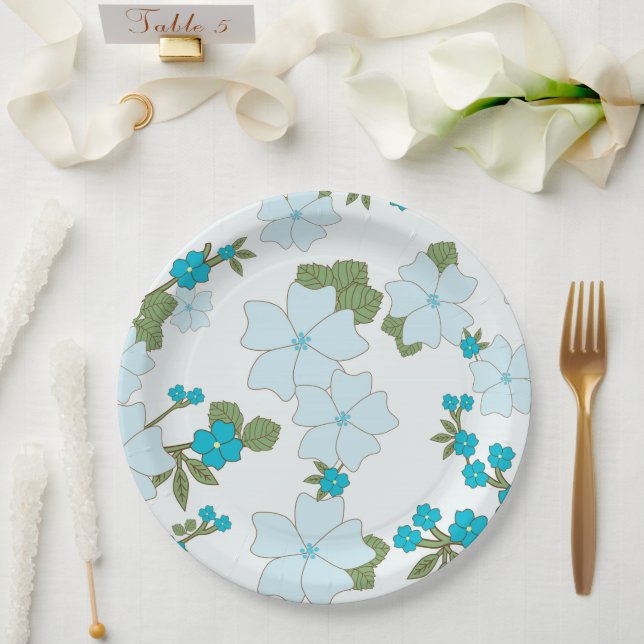 Blue Flowers, Floral Pattern, Pattern Of Flowers Paper Plates (Wedding)
