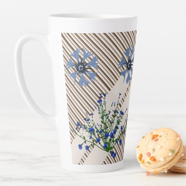 Blue Flowers Floral Stripe Latte Mug (In Situ)