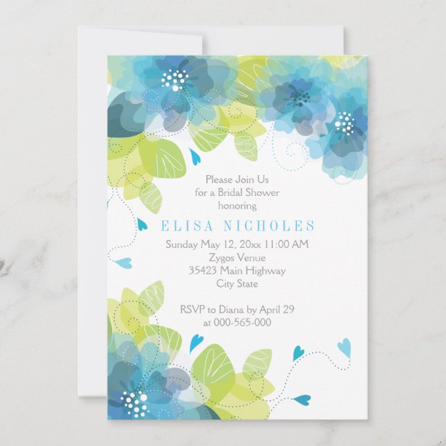 Blue flowers floral wedding bridal shower invitation (Front)